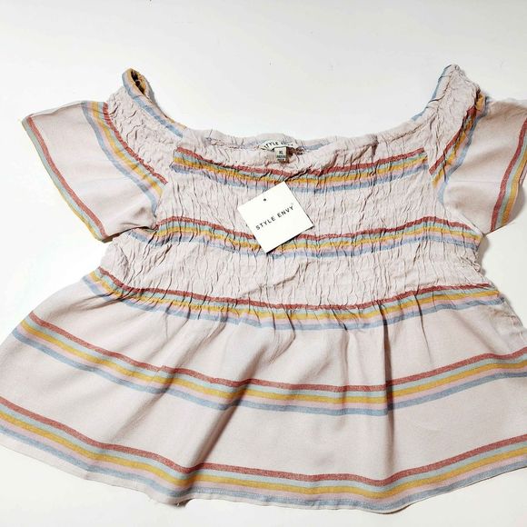 Style Envy Other - New with Tags Style Envy Girls Size XL Peplum Stripes Top Smocked Shirt Tan